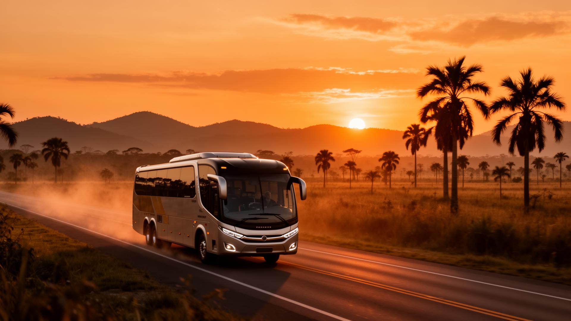 Ônibus de turismo Delgado Tur em rodovia ao pôr do sol no cerrado